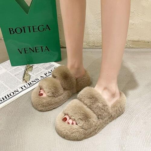 Winter Autumn Home Cotton Womens Slippers Flat Plush Faux Fur Solid Warm Shoes For Indoor Lady