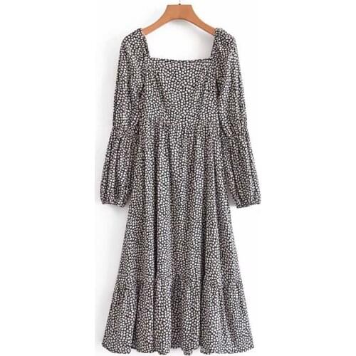 YENKYE Elegant Woman Vintage Floral Print Dress Sexy Square Neck Long Sleeve A-line Ladies Dress Summer Midi Vestido