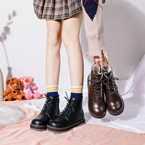 Winter Plus Velvet 2020 New Round Head Cute Martin Boots Flat Preppy Ankle Boots Womens Boots Pu Goth Anime Lolita Snow Boots