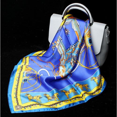 100% Silk Small Scarf Shiny Kerchief Women Vintage Carriage & Horse Print Handband Bow Tied Bandana 53*53cm