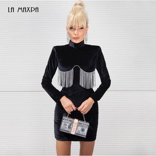 Long Sleeve Velvet Round Neck Diamond Tassel Mini Dress Runway Celebrity Reception Luxury High Quality Fashion Lady Vestidos