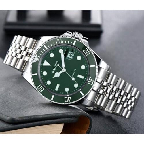 40mm PARNIS Sapphire Crystal 21 jewels Automatic machinery movement luminous mens watches green ceramic bezel GR130-20