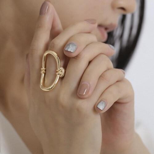 SRCOI Retro Chic Curved O-shaped Hand Decorated Gold Silver Color Punk Geometric Circle Metal Ring Simple Fashion Women Ring