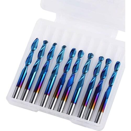 10pcs Nano Blue Coated Ball Nose End Mill CNC Router Bits 2 Flutes End Mills Ball Nose Spiral Cutters