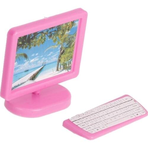 Dollhouse Miniature Three Pieces Computer Set Pink Monitor Keyboard Model Mini House Decor Accessories