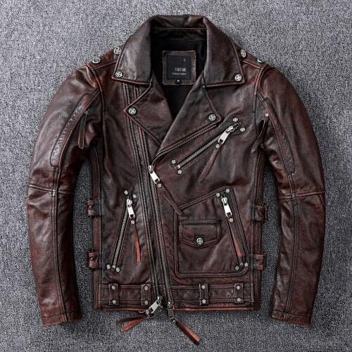 2021 Vintage Brown Motorcycle Leather Jacket Men Natural Genuine Cowhide Jackets Autumn Slim Fit Bikers Ooblique Zipper Coat