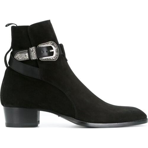 Mens winter short ankle boots black cow leather fashion boots pointed toe metal rivets Chelsea boots for male