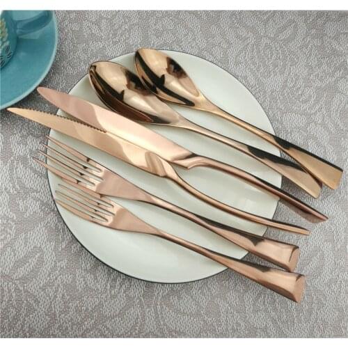 6/12/24Pcs Luxury Dinnerware Western Rose Gold Plated Cutlery Dining Knives Forks Dessert scoops Set Engraving Tableware Set