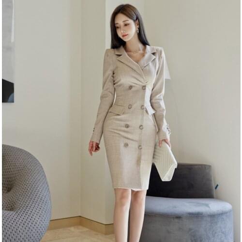 New arrival fashion korean pencil dress women OL professional temperament double breasted long sleeve basic slim midi dress