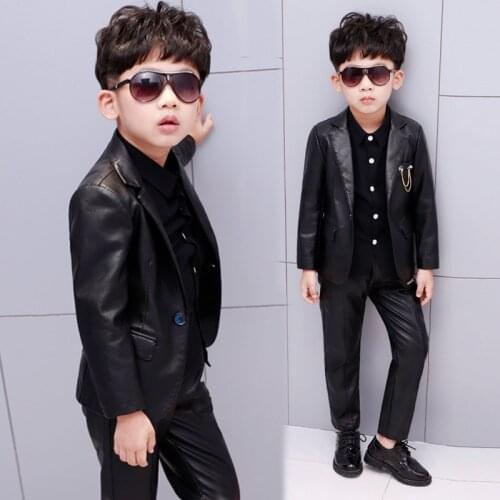 New Children Blazers Jacket Leather Cool School Boys Coat Suits Good Quality Soft Punk Kids' Fashion Style Costumes Black Suits