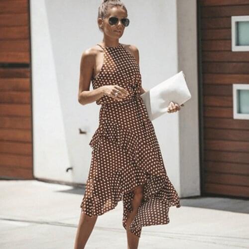 Paris Girl Plus Size Polka Dot Dresses Summer Sleeveless Dress Fashion Ruffles Trim Asymmetric Hem Knee Length Casual Halter