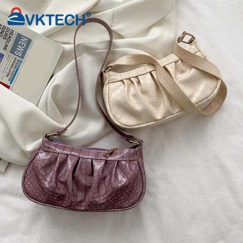 Retro Women Casual Bag Pleated PU Leather Alligator Pattern Underarm Small Purse Retro Ladies Baguette Design Handbags