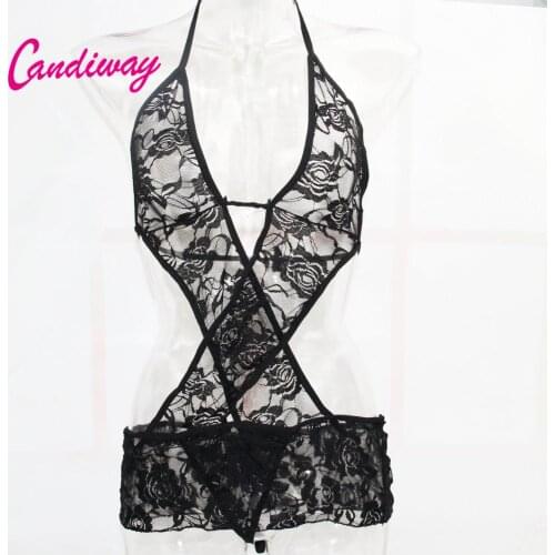 Sex Floral Lace Cut-Out Front Mini Dress black Hollow Out Hourglass Halter Backless babydoll Women crotchless erotic lingerie