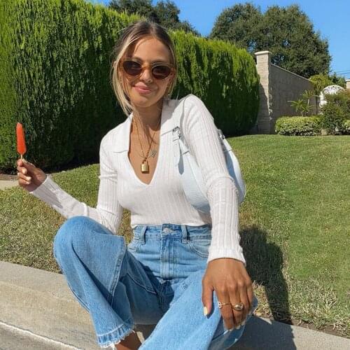 SEASONS Ribbed Knitted Long Sleeve Cropped Tshirt Women Casual Elegant T-shirt Ladies Turn-down Collar Tee Shirt Femme ASTS81364