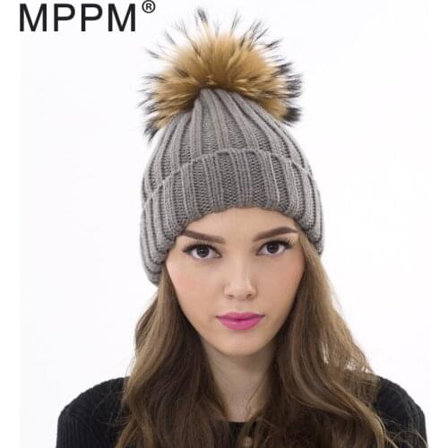 MPPM Real Fur Hat Knitted Real Big Raccoon Pom Pom Hat Women Winter Hat for women girl 's wool hat knitted cotton beanies cap