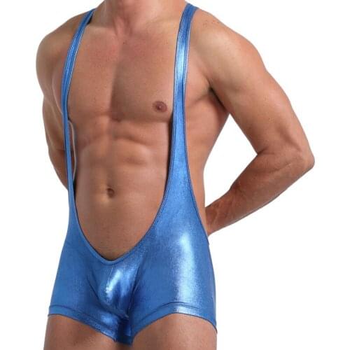 Sexy Men Bodysuits Leotard PU Leather Wrestling Singlet Jumpsuits Bugle Pouch Undershirts Shorts Teddies Clubwear One-Piece