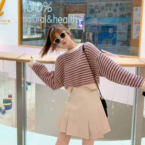 Japanese Womens Sweater Short Loose Lazy Style Sweater Spring and Autumn New Pullover Striped Sweater Top Woman Sweaters