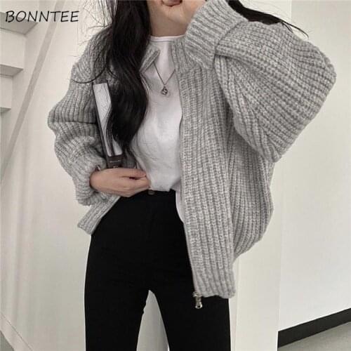 Sweaters Women Warm Outerwear Fashion College Vintage All-match Korean Style Cardigans Loose Gray Autumn Retro Knitting Popular