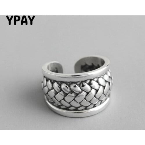 YPAY Pure 925 Sterling Silver Adjustable Ring Korea Vintage Exaggerated Wide Woven Design Rings Women Men Punk Jewelry YMR834