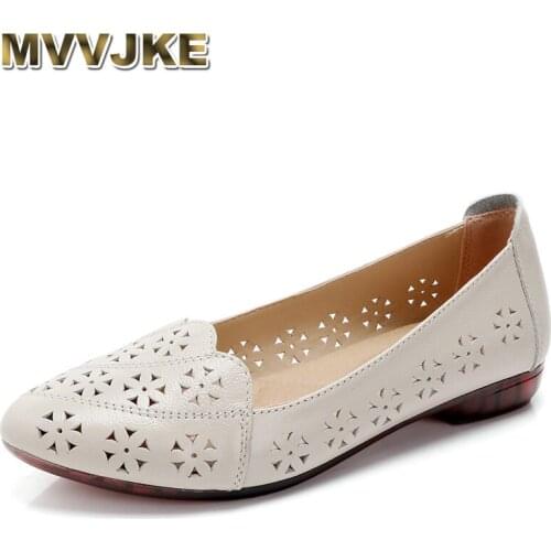 MVVJKE Fashion Genuine Leather Pointed Toe Flats Women Summer Shoes Breathable Low Heel Hollow Out Slip On Womens Shoes