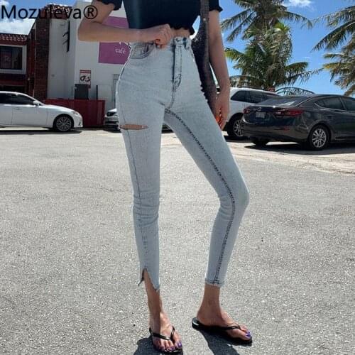 Mozuleva Light Blue High Waist Stretch Skinny Women Jeans Pants Split Cuff Ripped Hole Female Pencil Jeans 2020 Women Trousers