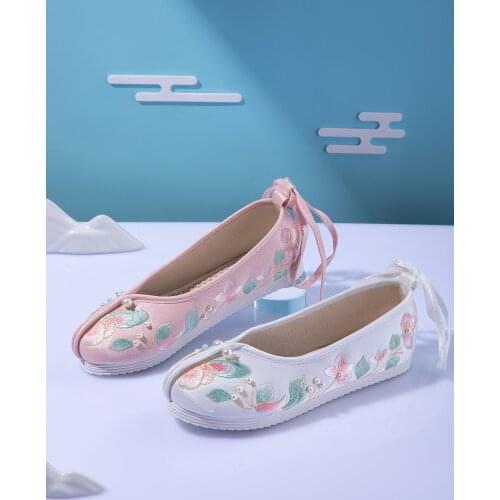 Original Summer New Pearl Round Head Embroidered Shoes Women with Ming Ancient Style Plain-soled Han Clothing Shoes