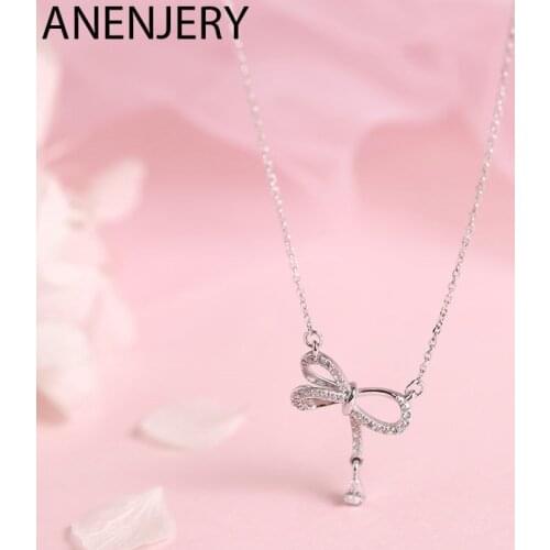 ANENJERY 925 Sterling Silver Delicate Bowknot Necklaces For Women Micro Pave Zircon Necklace Gift collares S-N458