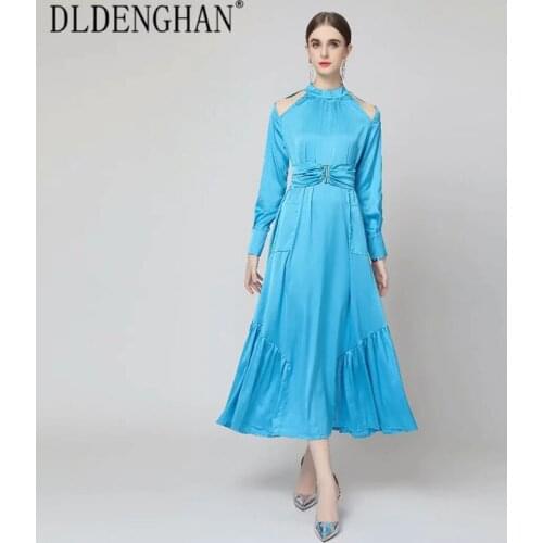 DLDENGHAN Fashion Runway Designer Autumn Dress Women Stand Collar Long Sleeve Sashes Sexy Dew Shoulder Blue Vacation Dresses