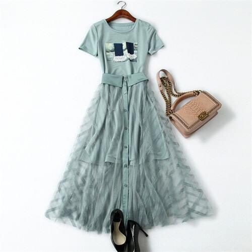 High Street Fashion Summer Dress Women Clothes 2019 New Designer Diamonds Long Casual T Shirt Lace Dress 2 Piece Set robe femme