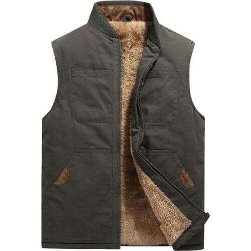 Men Sleeveless Jacket Winter Vest Plus Size 5Xl Cotton Multi Pockets Vest Fleece Thicken Work Waistcoat Fashion Casual Warm