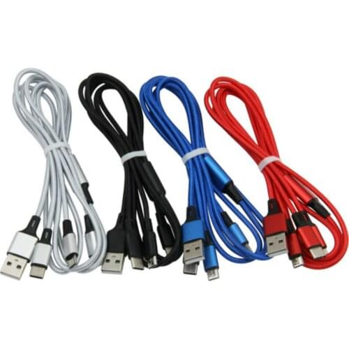 1.2m 3 in 1 Nylon Braided Charging Cable Micro USB Type-C for iPhone Samsung Xiaomi Mobile Phone Data Sync Charge Cord 50pcs