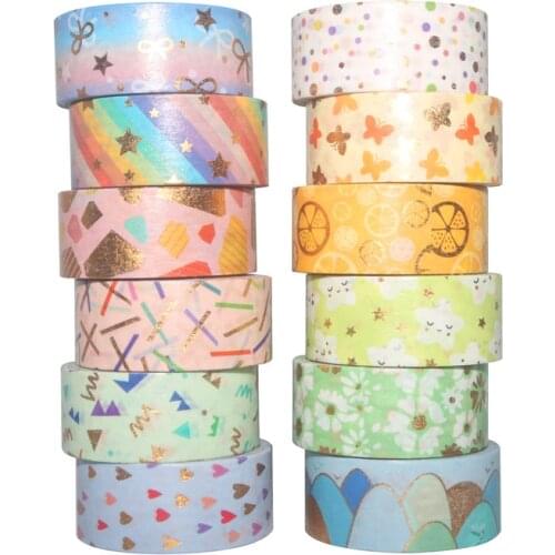 12pcs Candy World Washi Tapes Set Love Star Flower 15mm Gold Foil Adhesive Masking Tape Decoration Stickers Gift Art Album A6609