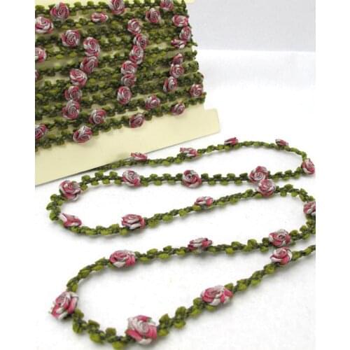 2 Yards Woven Rococo Ribbon Trim with Red Nylon Rose Flower Buds|Decorative Floral Ribbon|Scrapbook Materials|Decor