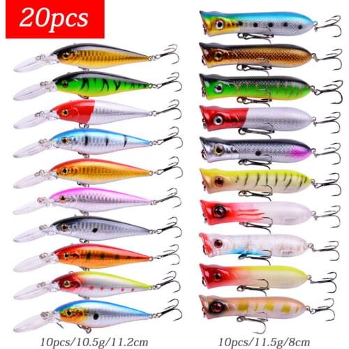20pcs/set Minnow/Popper Lure Iscas Artificial Bait Fishing Kit Isca Artificial Lures Minnow Leurres Poppers Isca wobbler