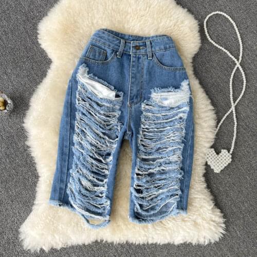 2021 Summer Loose Denim Straight Pants Women Fashion Frayed Edges Jeans Knee Length Pant High Waist Ripped Hole Loose Half Pants