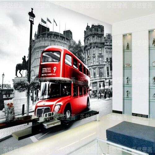 Custom 3d mural 3D stereo custom wallpaper Retro mural Bar Cafe KTV background wallpaper red bus mural
