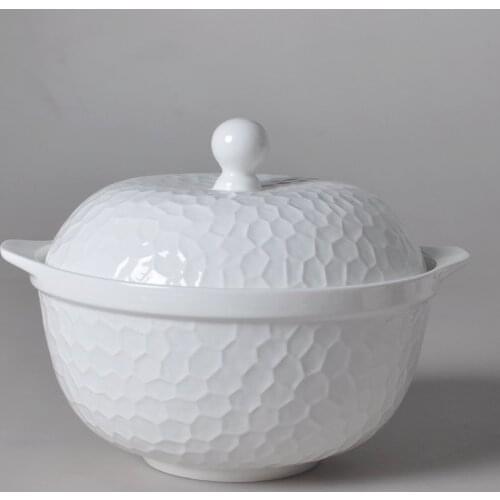 9 inch, smooth white bone china covered bowl, lovely 3D water design, buffet dinner bowl, hot soup container