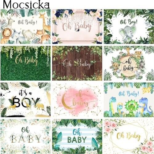Baby Shower Photo Background Oh Baby Newborn Cake Table Backdrop Decoration Animals Flowers Green Jungle Safari Photocall Props