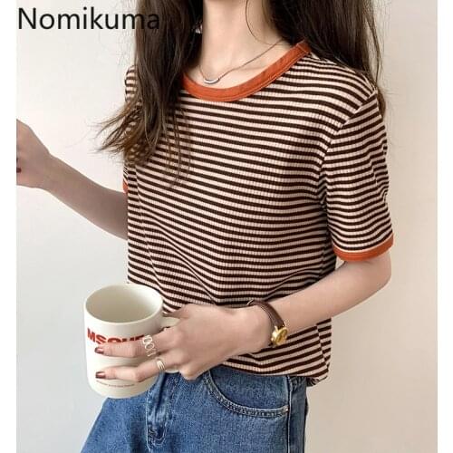 Nomikuma Contrast Color Striped T Shirt Women Graphic Tees O Neck Short Sleeve Summer Tops 2021 Casual Basic Tshirts Camisetas