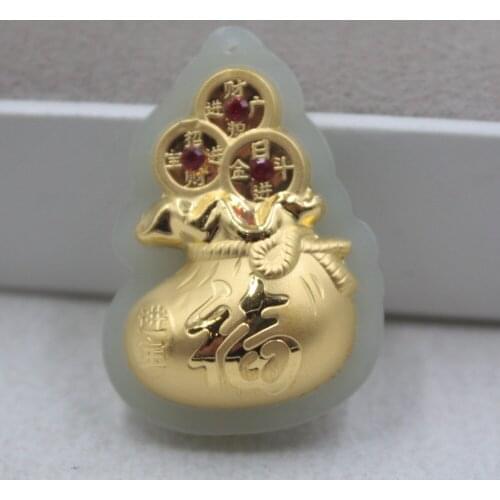 Fine 3D 24K Yellow Gold &Hetian Jade Pendant Wealth Bag Red Gem Luck 35*24mm