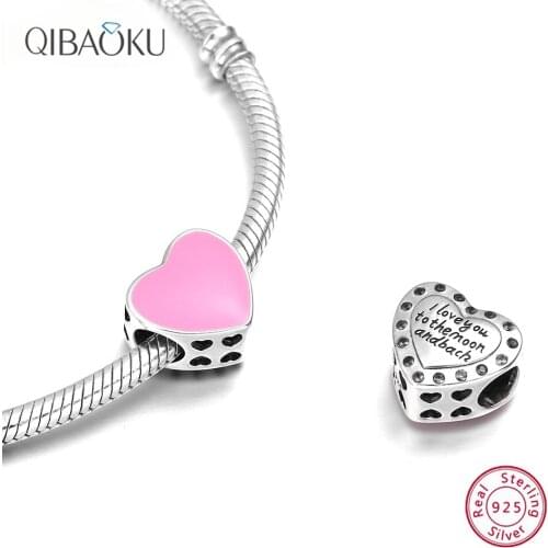 925 Sterling Silver Bead Pink Heart-shaped Beads for DIY Jewelry Making Letters Bead Charm for Original Bracelet