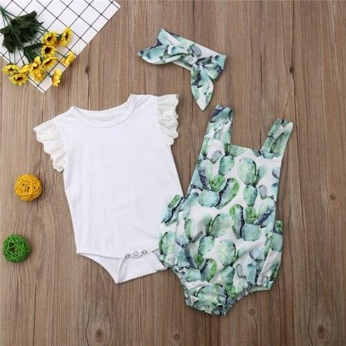 0-18M New Baby Girls Clothes Set Ruffle Sleeve Baby Rompers Green Print Overalls Girls Bodysuits Headband Baby Girl Set Clothing