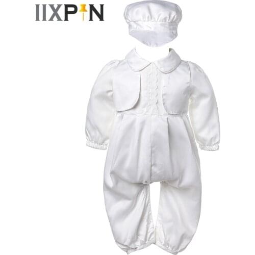 2Pcs Toddlers Baby Boys Rompers Baptism Christening Gown Long Sleeves Romper Bodysuit + Hat Infants Clothing Baby Boy Clothes