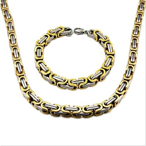 Punk Trendy 5MM Thick Flat Byzantine Stainless Steel Bracelet Necklace set