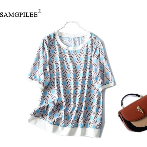 Summer T-shirts 2021 New Korean Geometric Diamond Lattice Pattern Loose Straight O Neck Chiffon Female T Shirt Plus Size 4XL