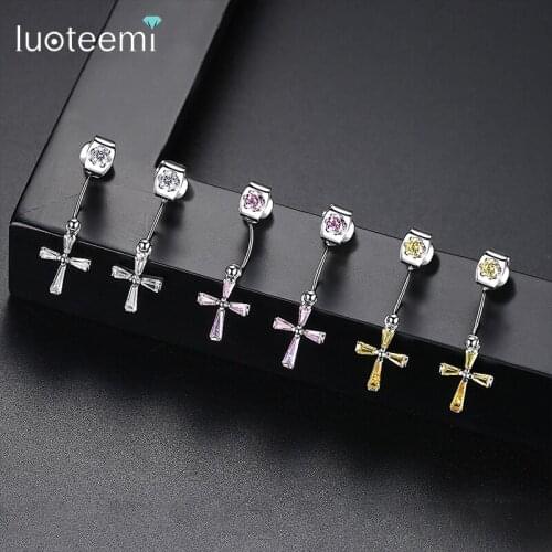 LUOTEEMI Cute Small Cross Drop Earrings for Women Girls Dating Party Paved Pink White Yellow CZ Fashion Bijoux Christmas Gift