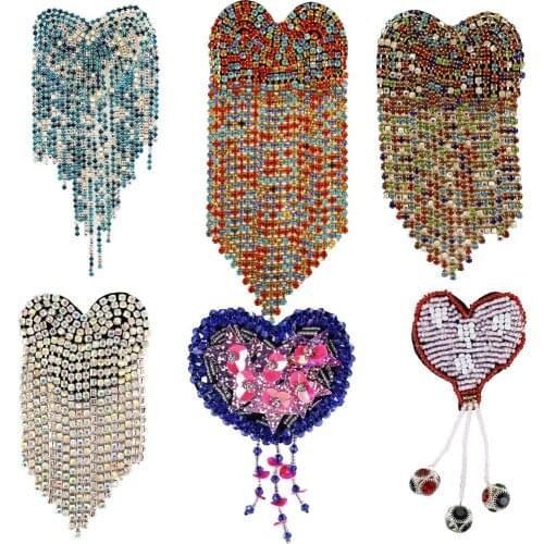 Jellyfish Heart Tassel Beaded Rhinestone Patches for Bag Hats DIY Crystal Fringe Sewing on Beading Sequin Diamond Applique 2pc