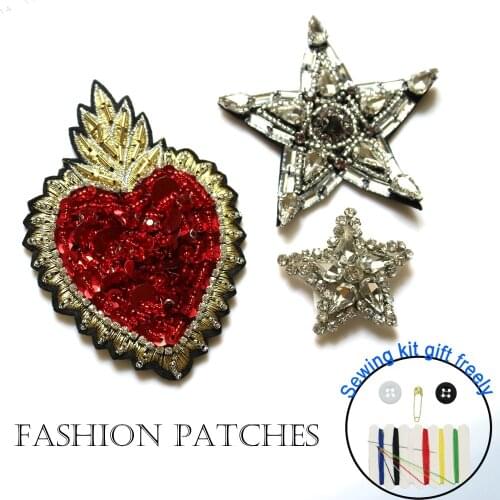 Red Heart beaded Patches for Clothing Rhinestone sequins star parche Appliques Decoration Badge parche
