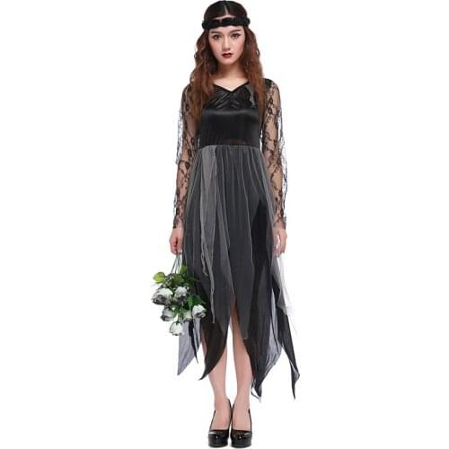 New Halloween Tulle Lace Ghost Bride Black Grey Irregular Long Dress Japanese Cosplay Costume