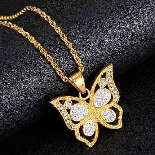 Hip Hop Butterfly Pendant Necklace Animal Charm Jewelry Iced Out Bling Stainess Steel Necklaces Pendants for Men Birthday Gifts